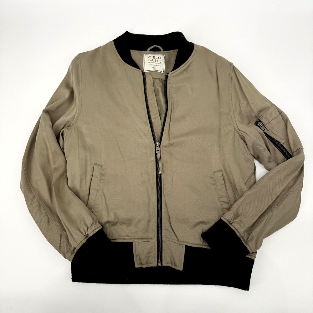 Cielo Basic Bomber Jacket Women Olive Green Black Trim Tencel XL